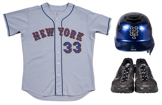 Lot of (3) 2006-2007 John Maine Game Used New York Mets Batting Helmet, Road Jersey (signed) & Nike Sneakers (Mets-Steiner & MLB Authenticated)